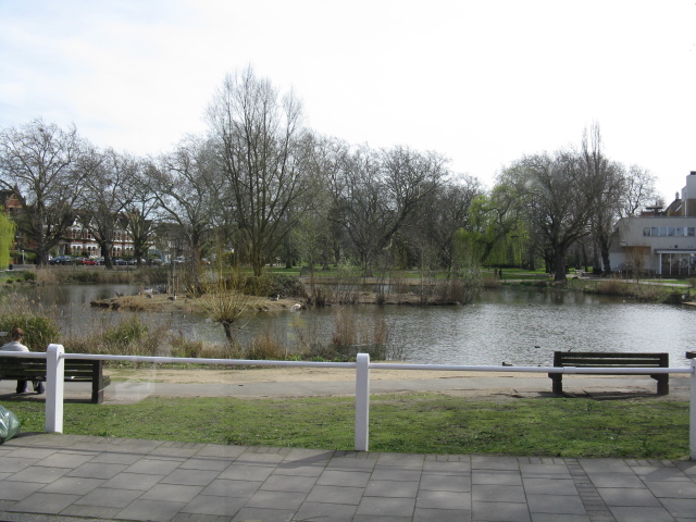 The pond at Barnes Green, where the restored Beverley Brook island and new accessible footbridge are now open to visitors.